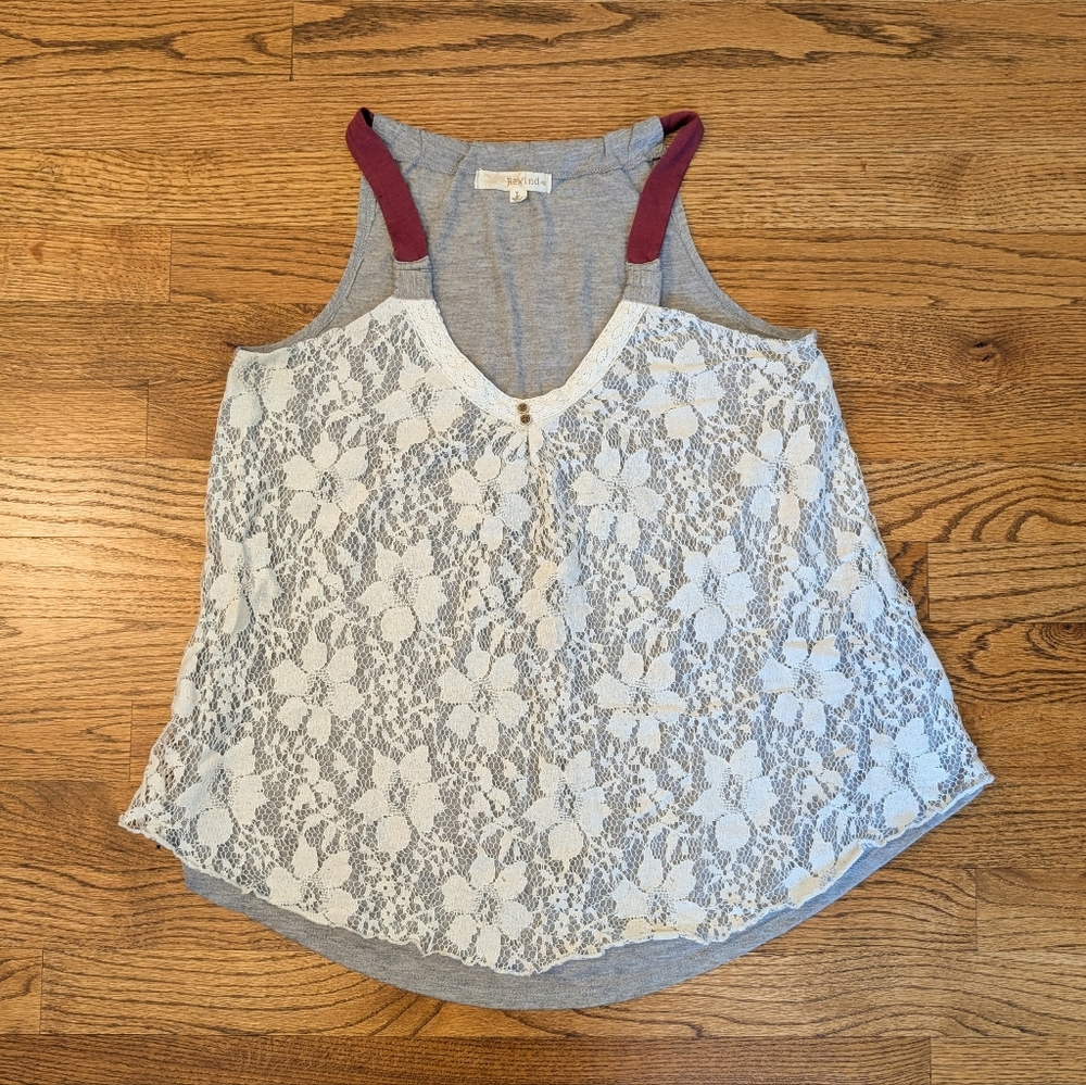Rewind Junior's Tank Top Lace Front Gray & White Boho Layered Sleeveless Size L